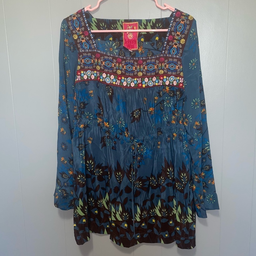Johnny Was Silk Embroidered Floral Cinch Wait Blouse XS Teal and Brown